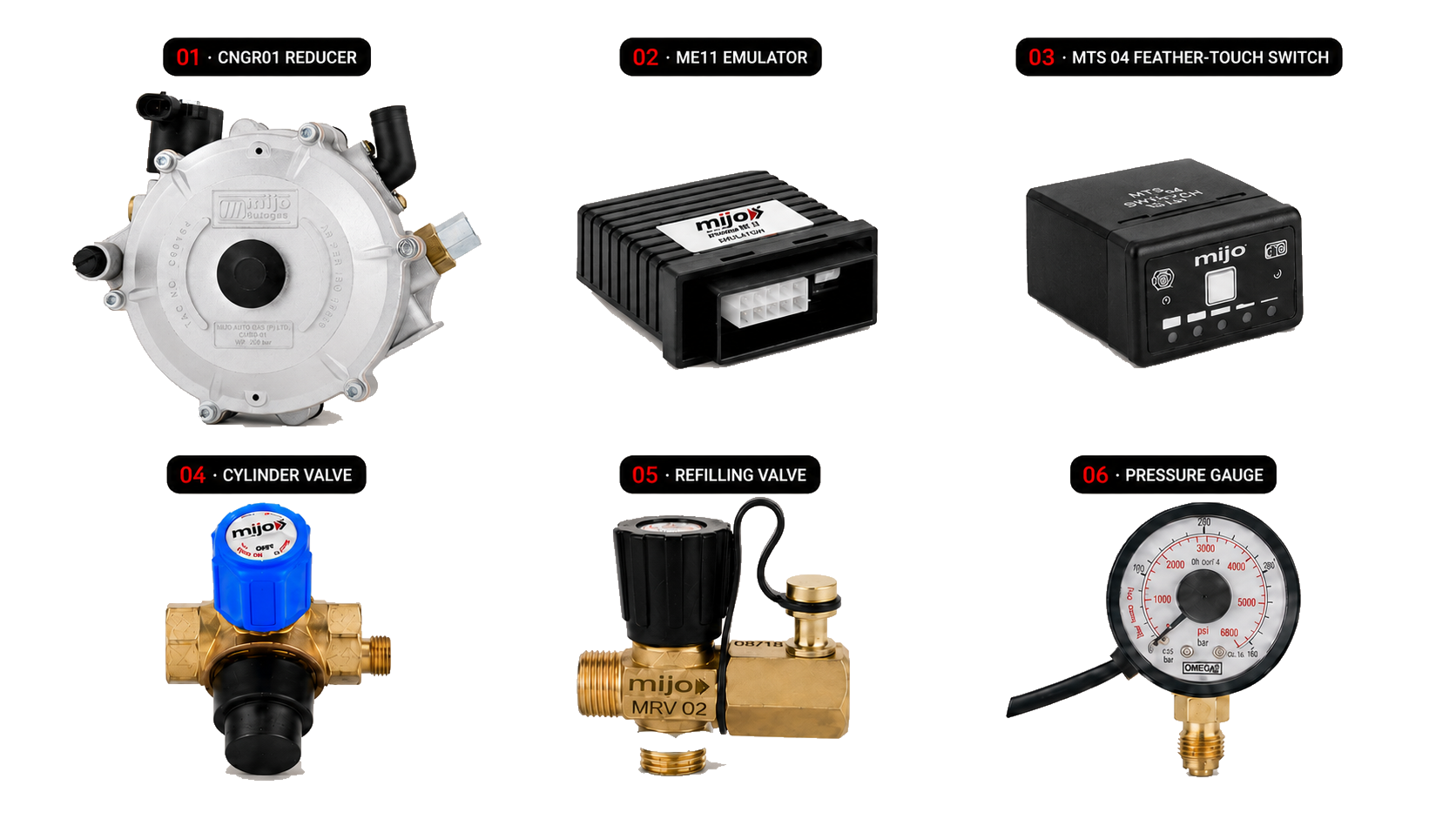 Componentes MIJO Conventional CNG: reductor CNGR01, emulador ME11, conmutador de toque suave MTS 04, válvula del cilindro, válvula de carga MRV02 y manómetro