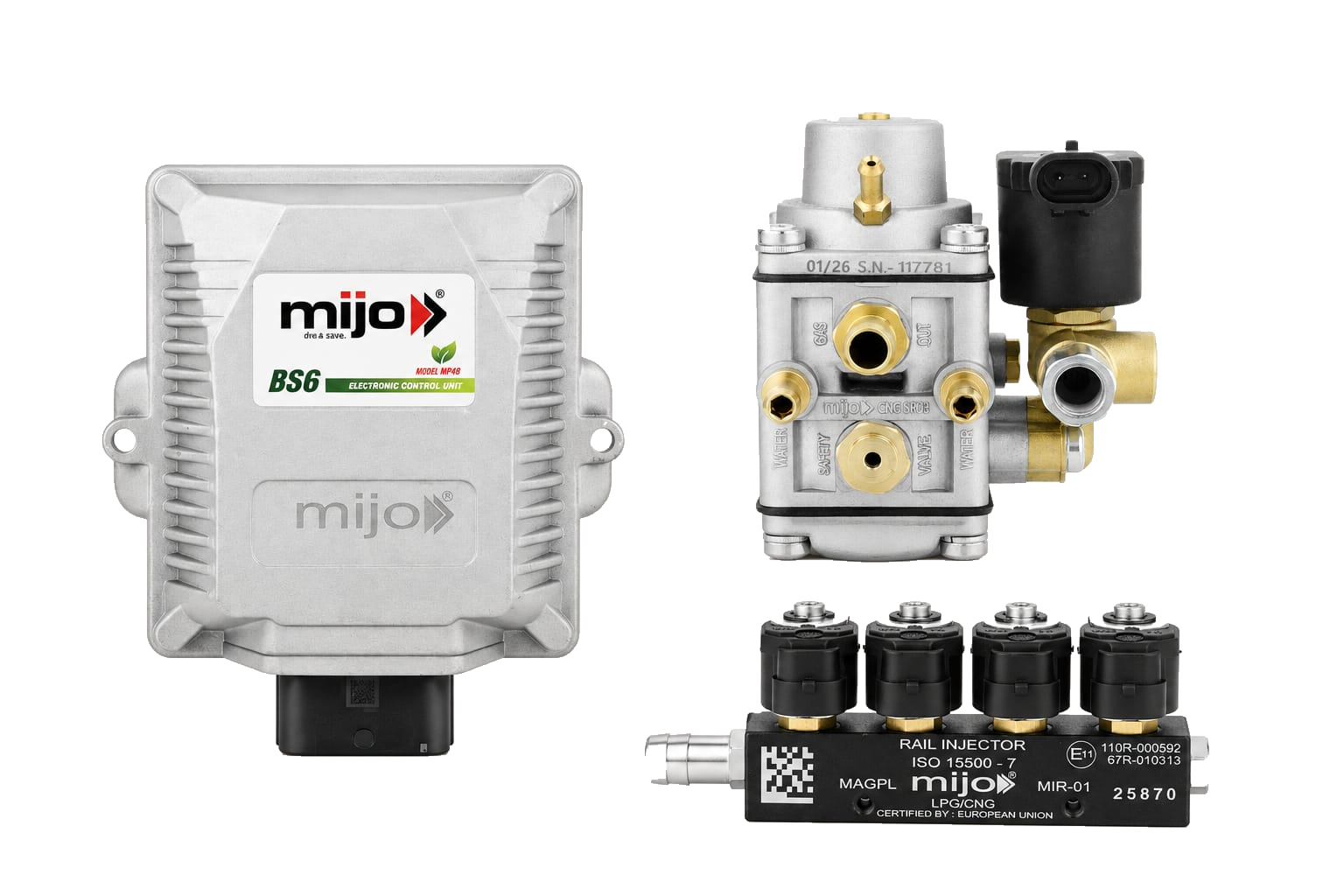 MIJO Sequential CNG system with MP48 ECU, SR03 Compact reducer and black MIR-01 four-coil injector rail