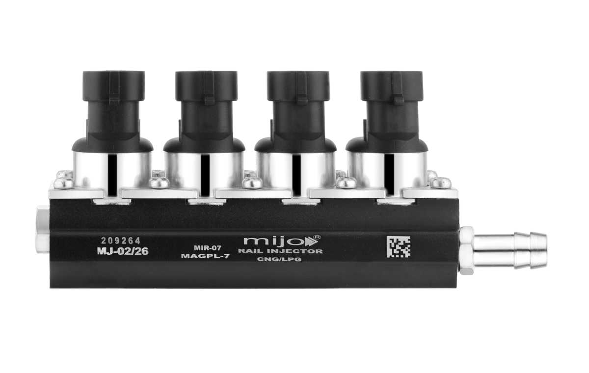 Complete front view of the black MIJO MIR-07 one-ohm high-flow four-injector rail