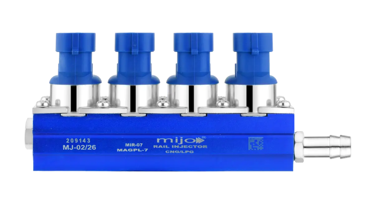 Complete front view of the blue MIJO MIR-07 two-ohm four-injector rail
