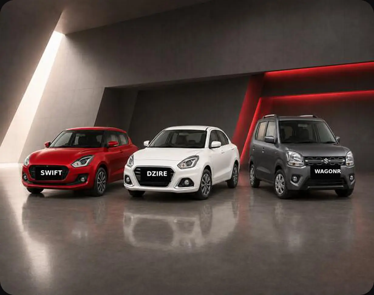 നിലവിലെ MIJO വാഹന ദൃശ്യത്തിലെ Maruti Suzuki Swift, Dzire, Wagon R