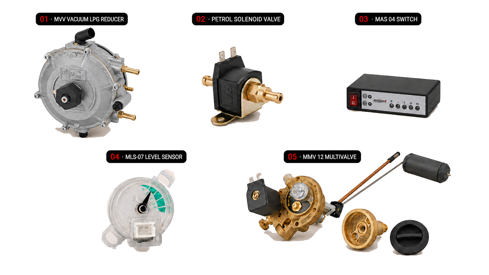 MIJO Three-Wheeler LPG kit components: MVV vacuum LPG reducer, petrol solenoid valve, MAS 04 switch, MLS-07 level sensor and MMV 12 multivalve