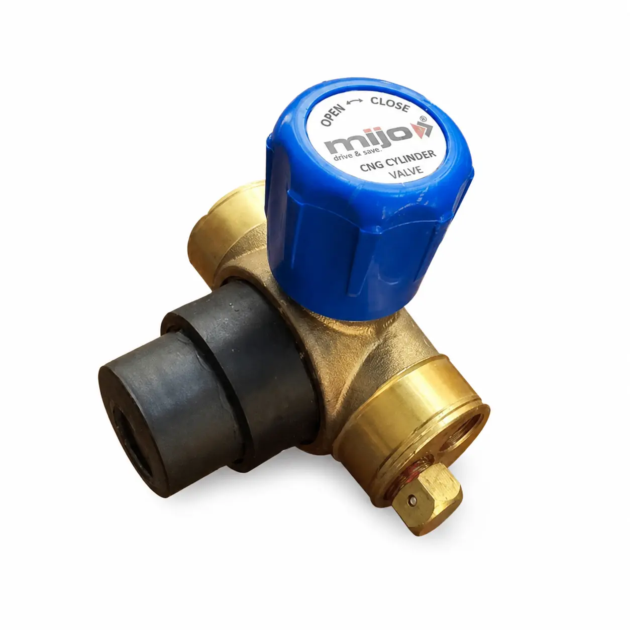 MIJO CNG cylinder valve with blue handwheel and pressure-relief device