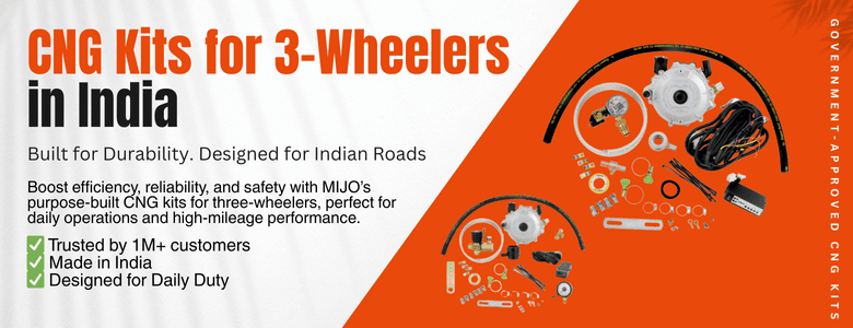 MIJO 3-Wheeler CNG Kits – Type 1 and Type 2 with traditional reducer and refilling valve, designed for efficient, reliable performance